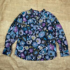 Talbots Top Blouse Shirt Blue Floral Cotton